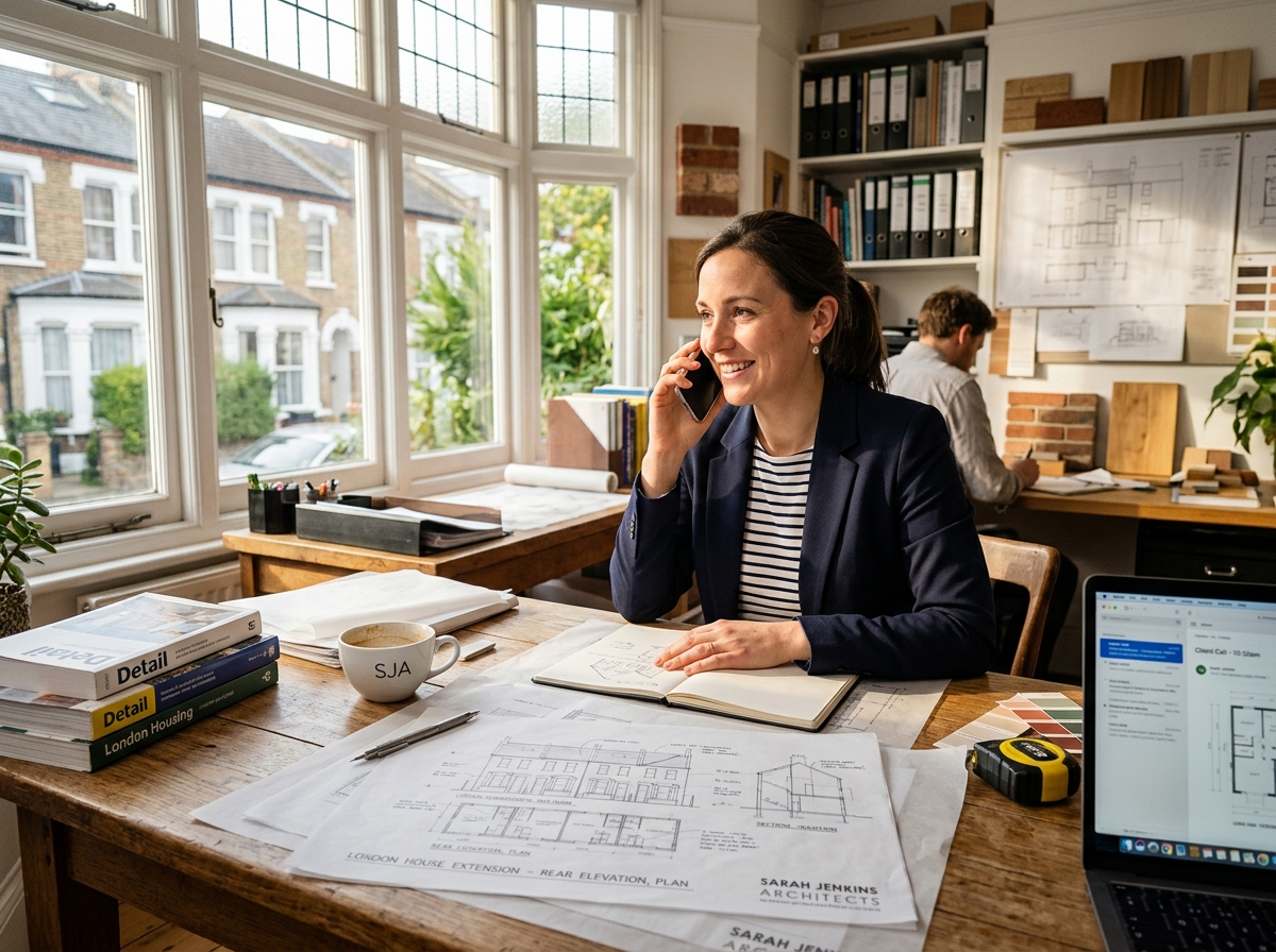 Initial introductory phone consultation with an architect in a London studio with project sketches