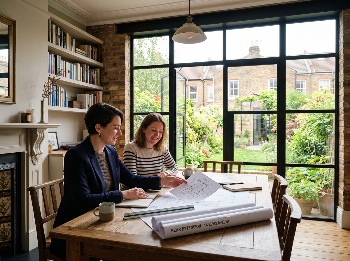 In-person consultation in a London home reviewing architectural site plans with homeowner