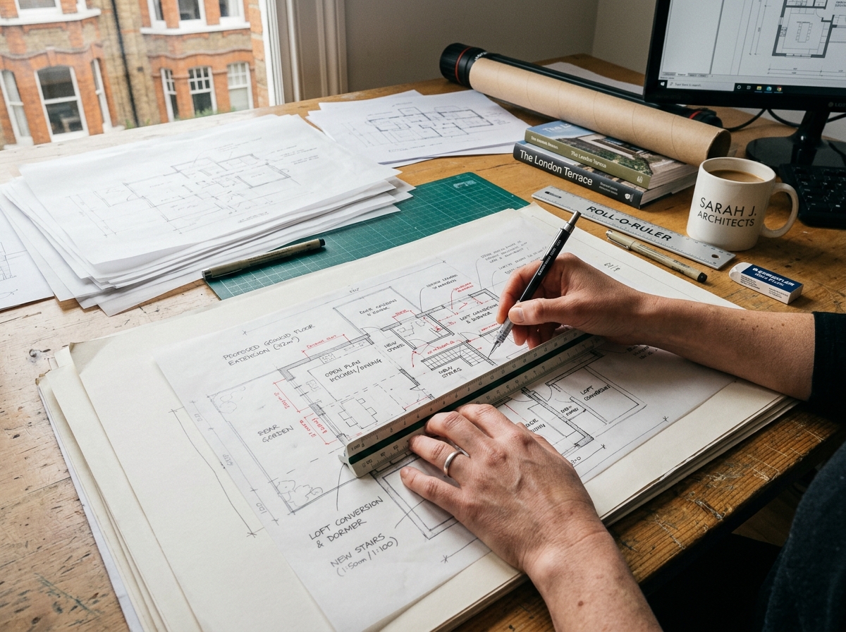 Architect drafting initial floor plans and spatial sketches with scale ruler on drafting paper