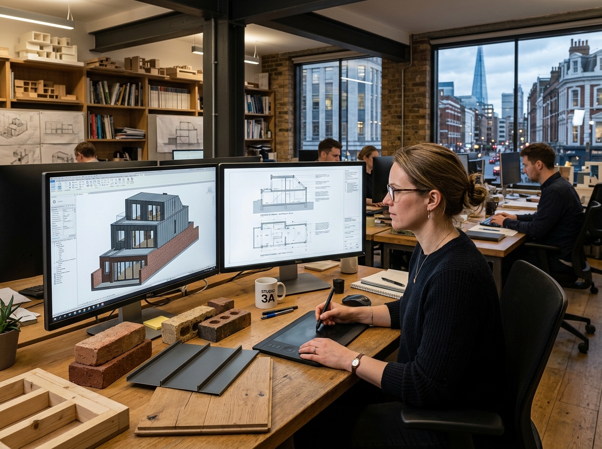 Architect refining 3D digital model and architectural sections with material samples