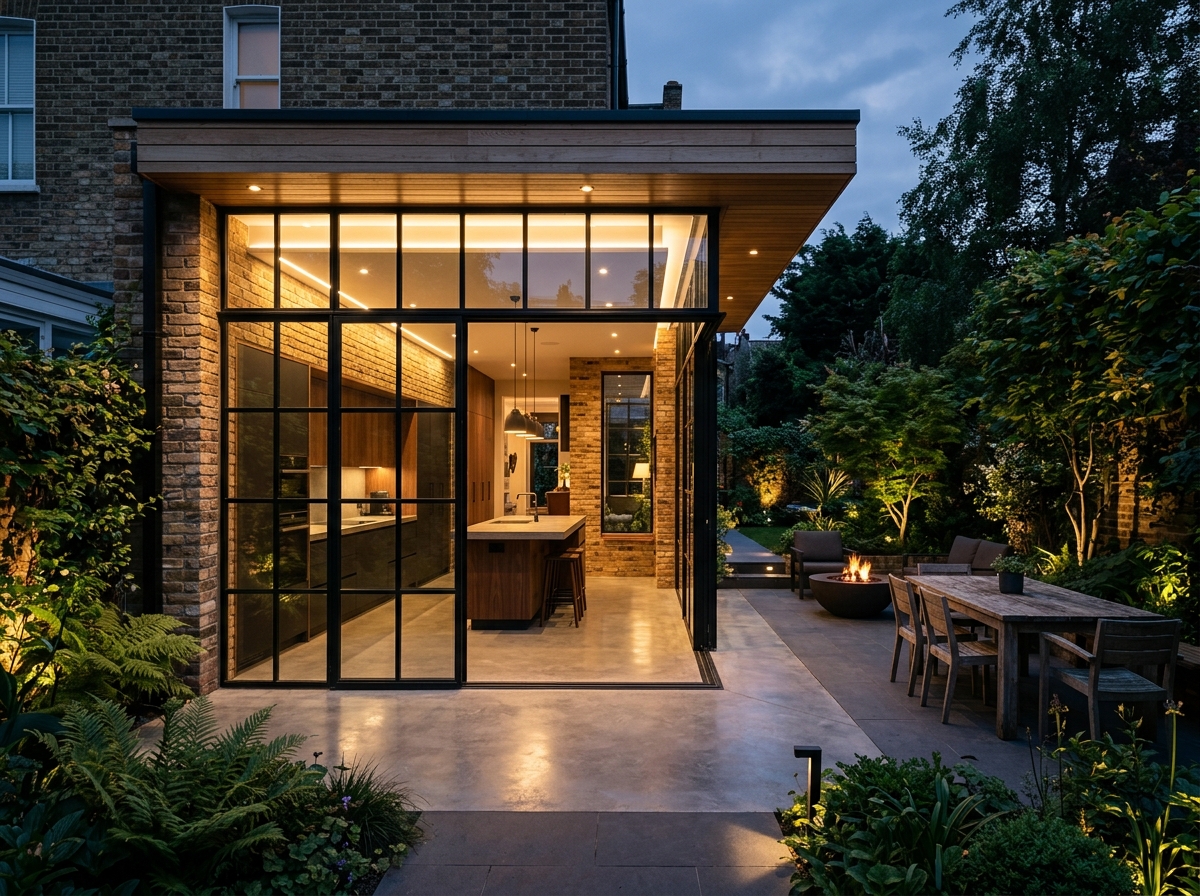 Modern London rear kitchen extension with black Crittall glass doors opening to courtyard garden