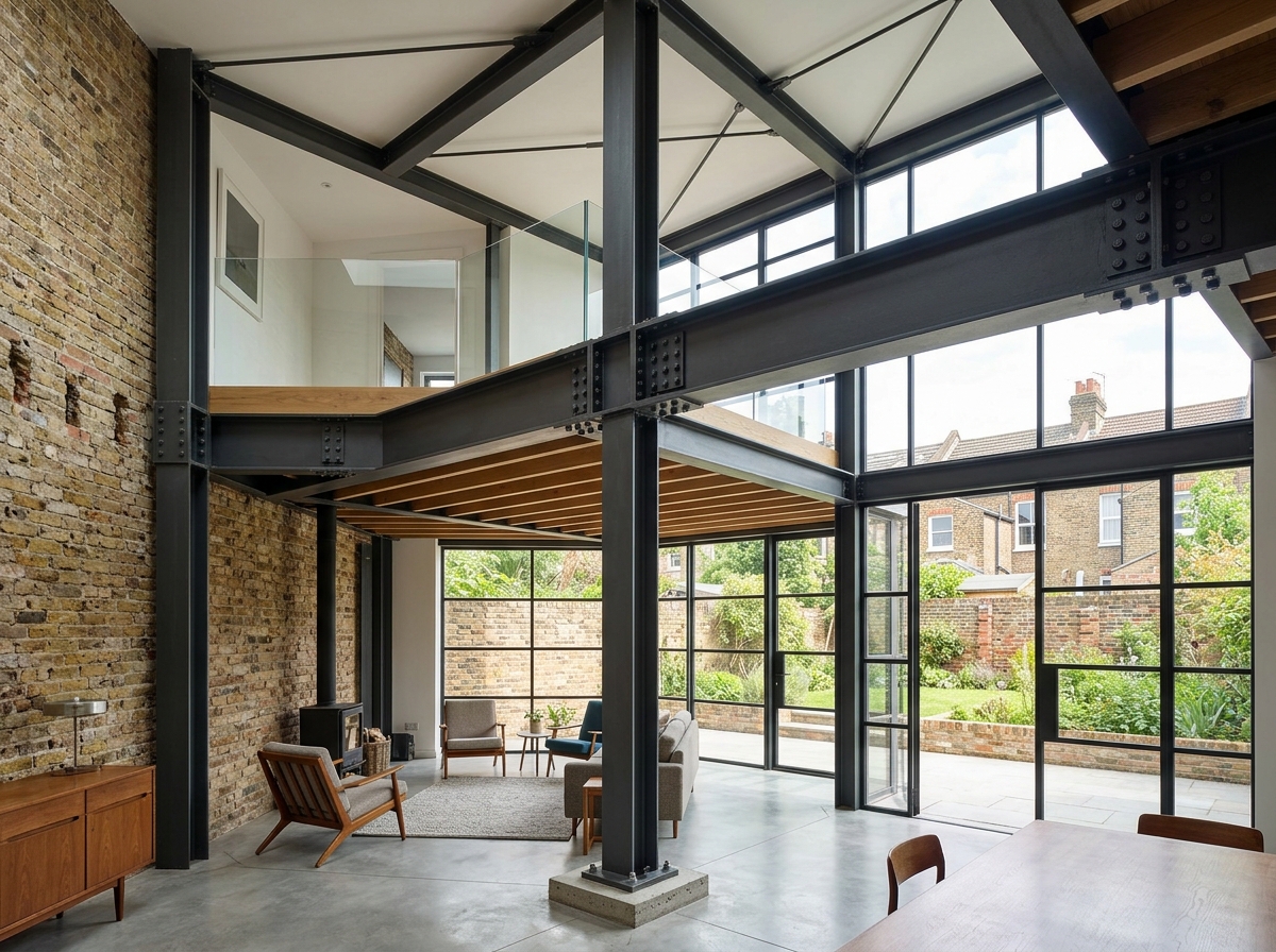 Exposed structural steel RSJ beams and flitch plates in double-height London residential renovation