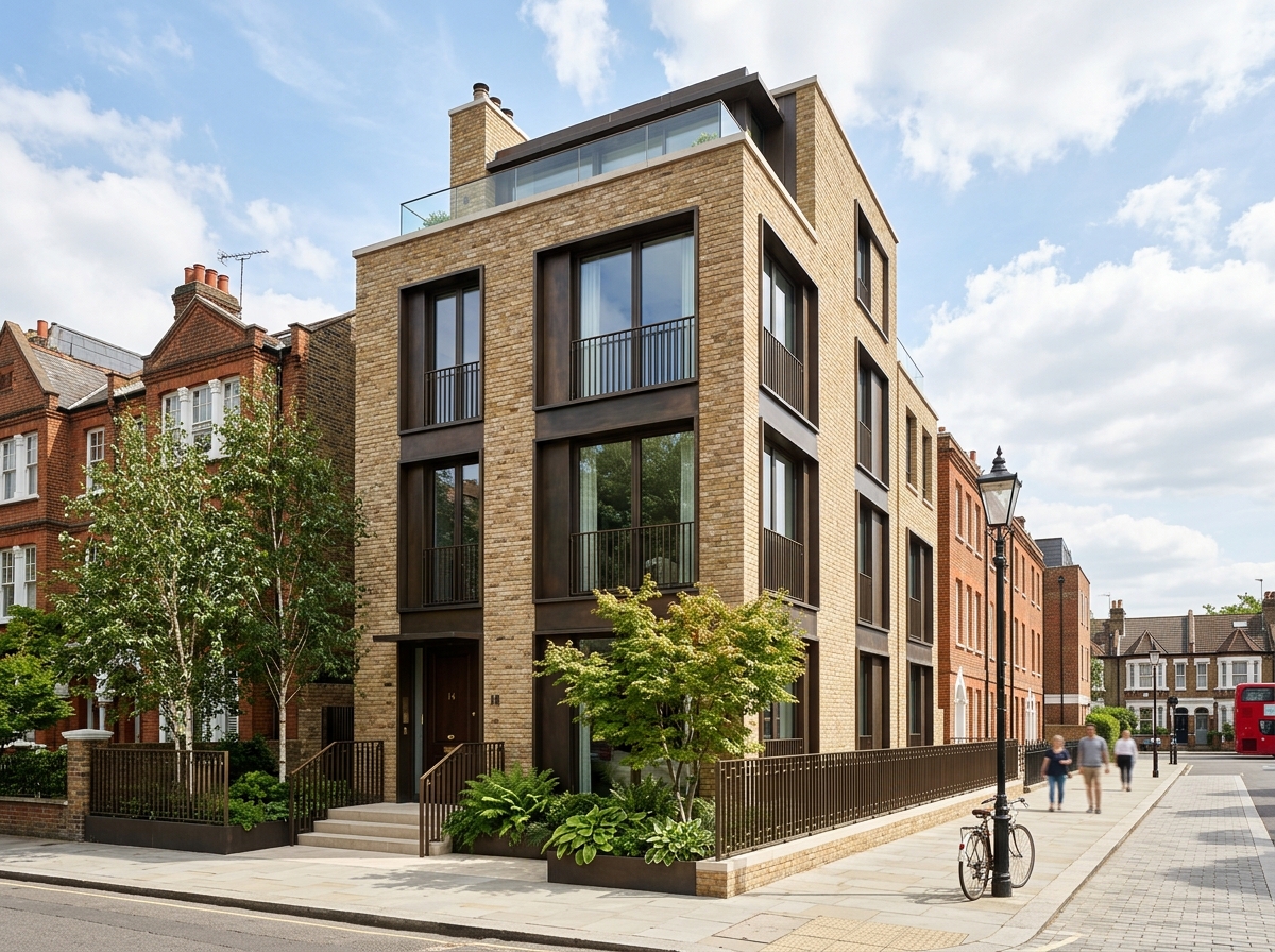 Contemporary multi-storey brick and bronze residential building in London