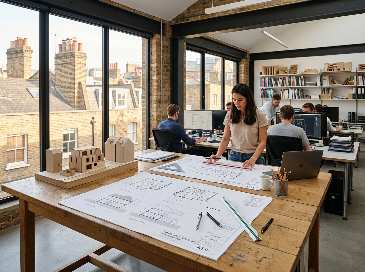 Civils Consulting design studio with architectural blueprint plans and physical models