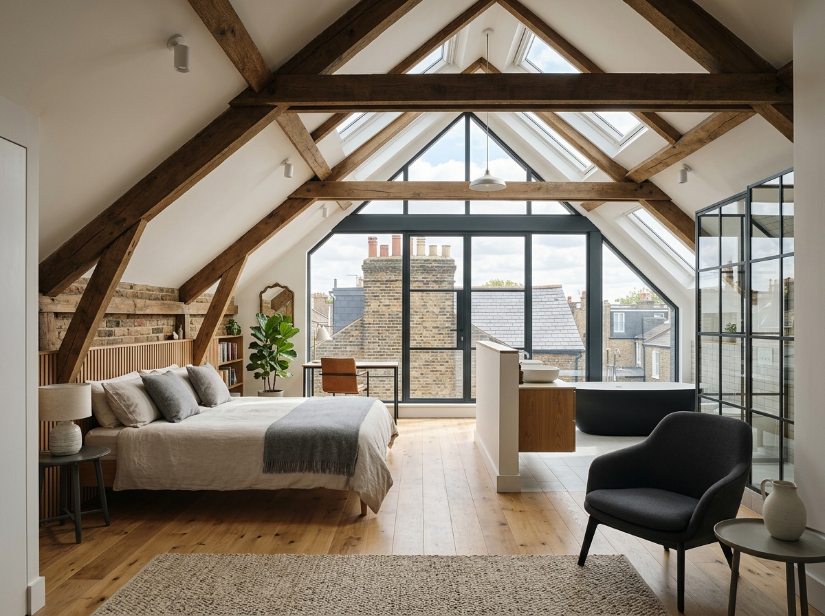 Modern loft conversion in a London Victorian home — structural timber beams and dormer windows