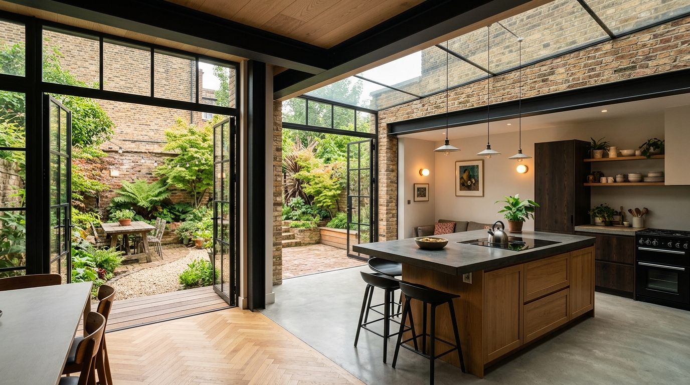 Modern London rear ground-floor kitchen extension with Crittall glass doors and courtyard garden