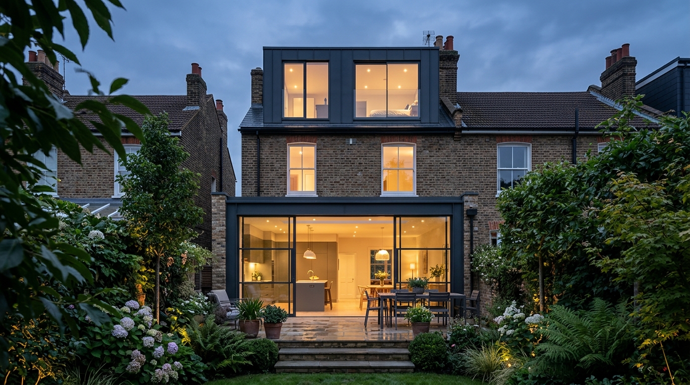 Full London Victorian house transformation showing contemporary glass extension and zinc dormer loft