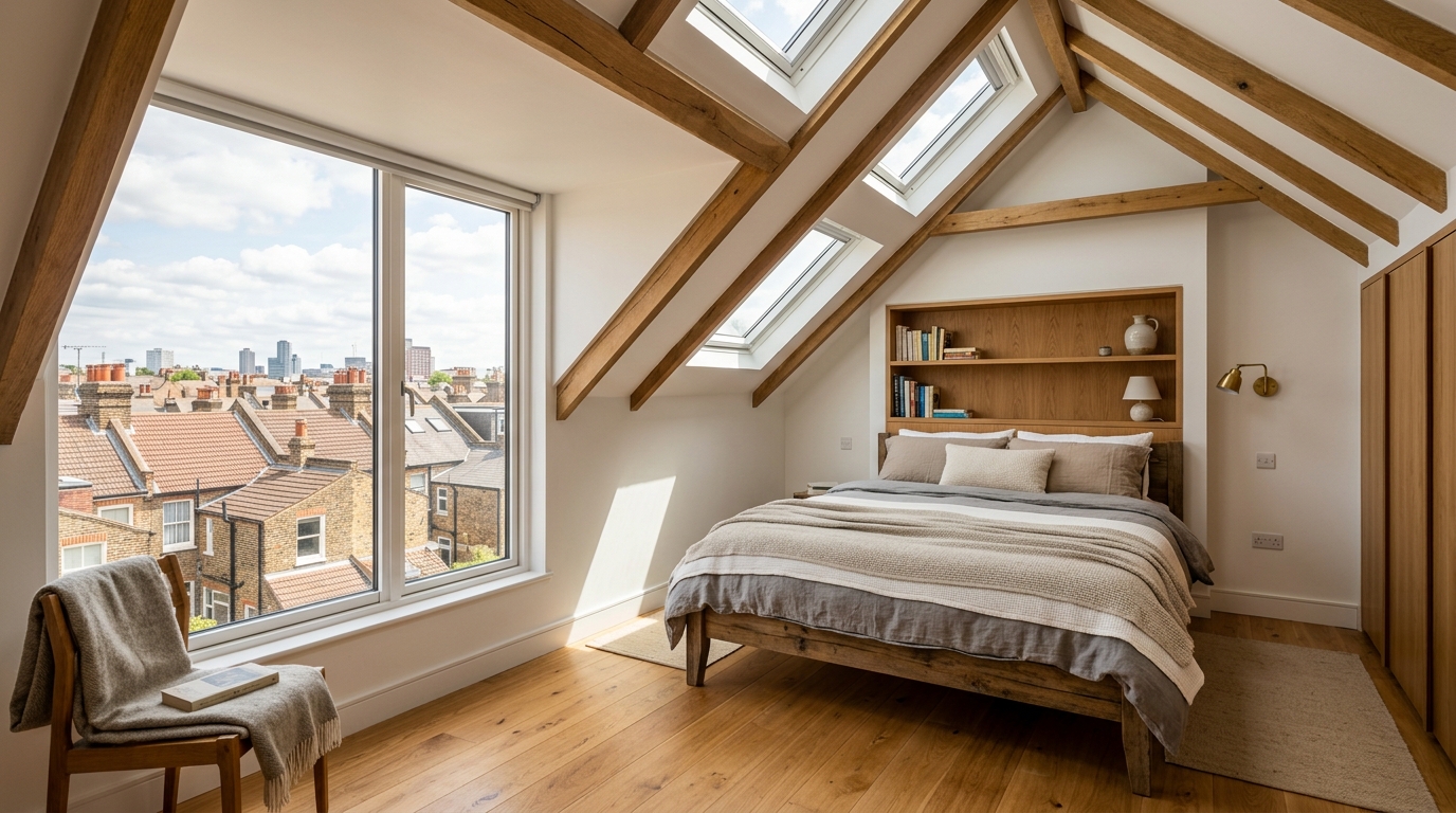 Modern London Victorian loft conversion with pitched timber beams and dormer window